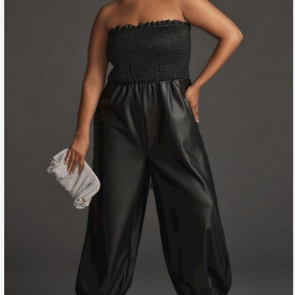 Anthropologie Faux Leather strapless Balloon Jumpsuit black Size S NWT - Picture 5 of 6